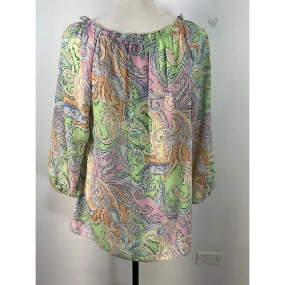 Chaps Multi-Color Paisley Semi Sheer Boho 3/4 Length Sleeve Top Sz Medium - Picture 5 of 8